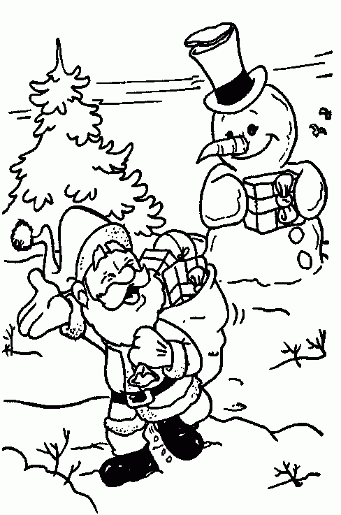 Mikołaj wręcza bałwanowi prezent kolorowanka do druku